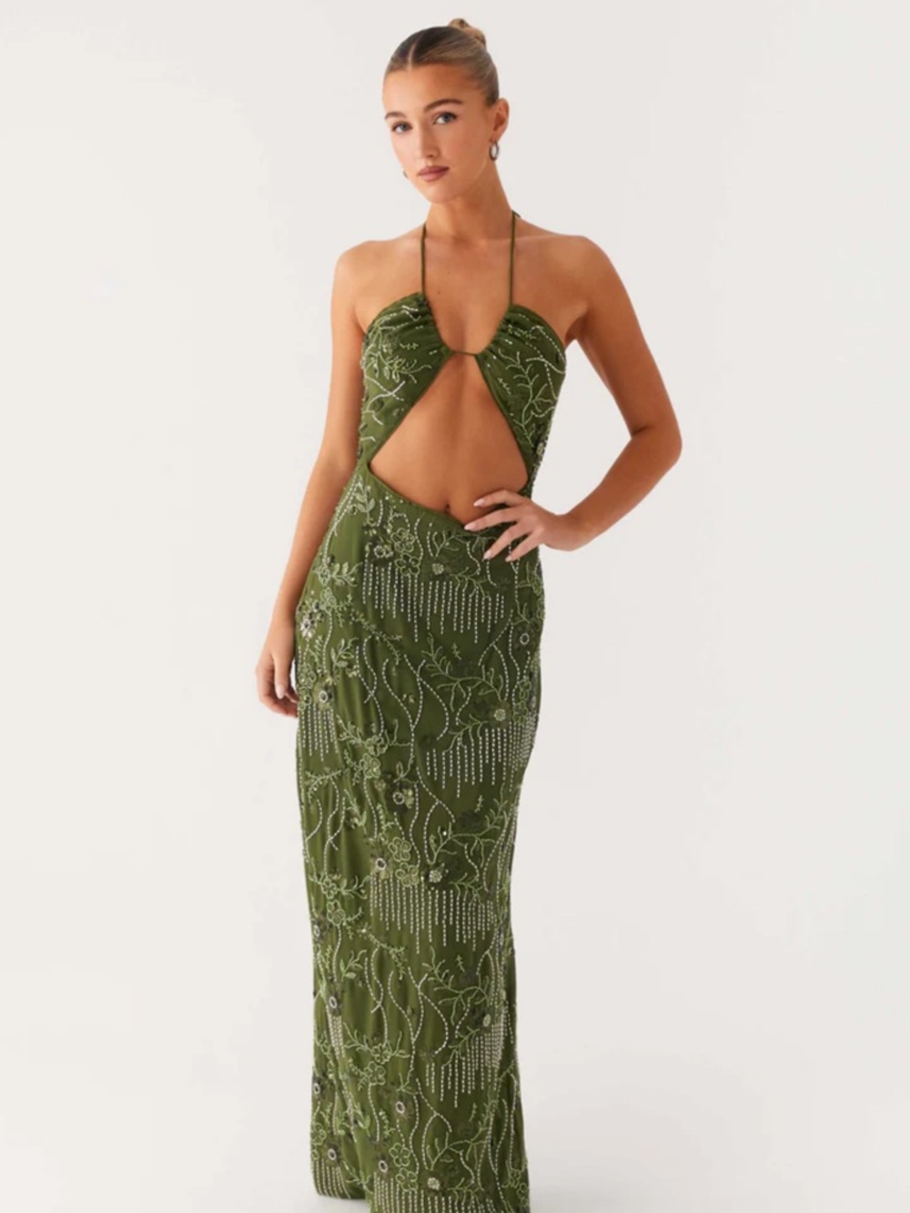 Peppermayo Olive Green Beaded Cutout Maxi Dress